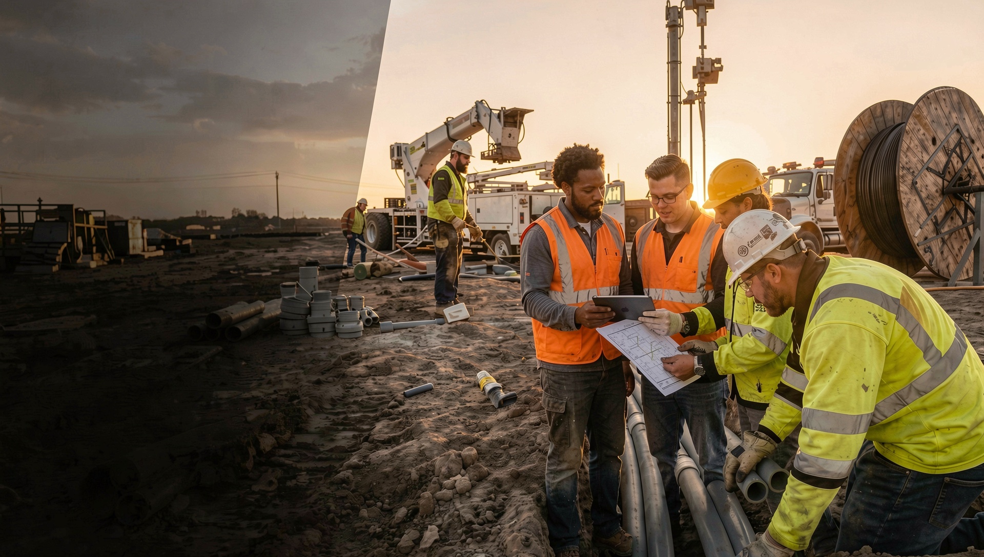 Telecom construction professionals reviewing plans together at an active field site