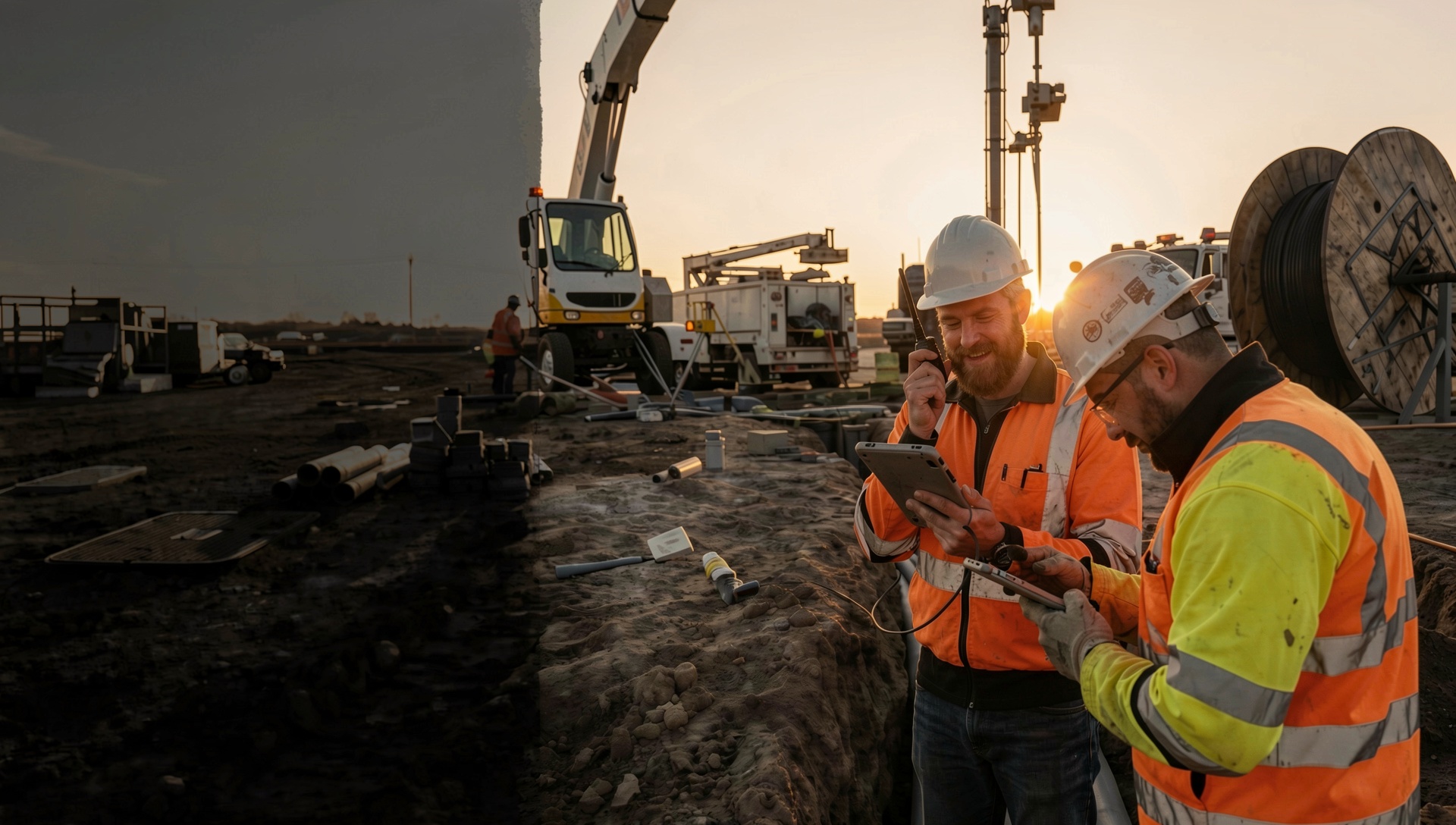 Field operations professionals coordinating by radio and tablet at a telecom construction site