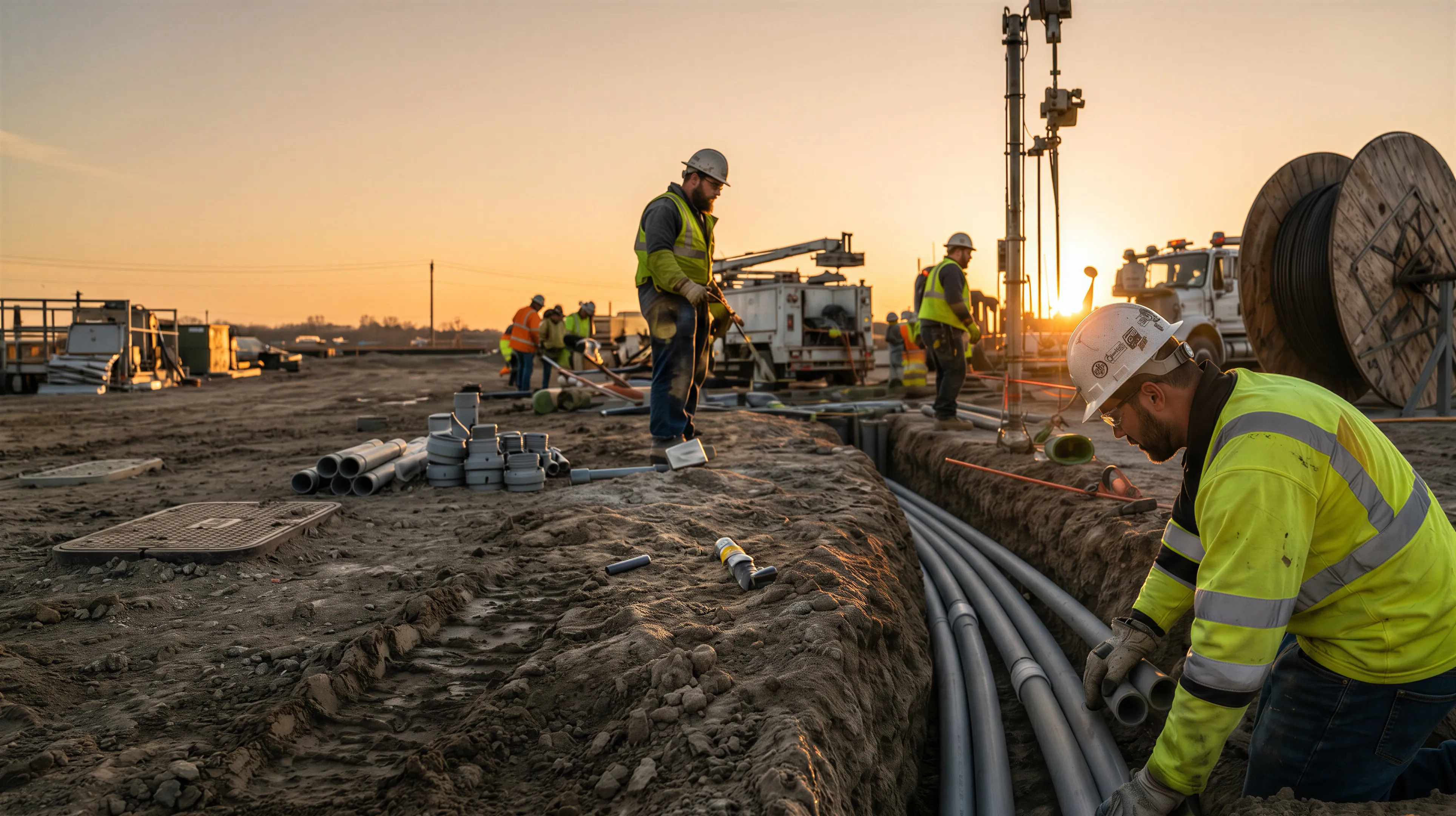 A utility construction crew installing underground fiber conduit