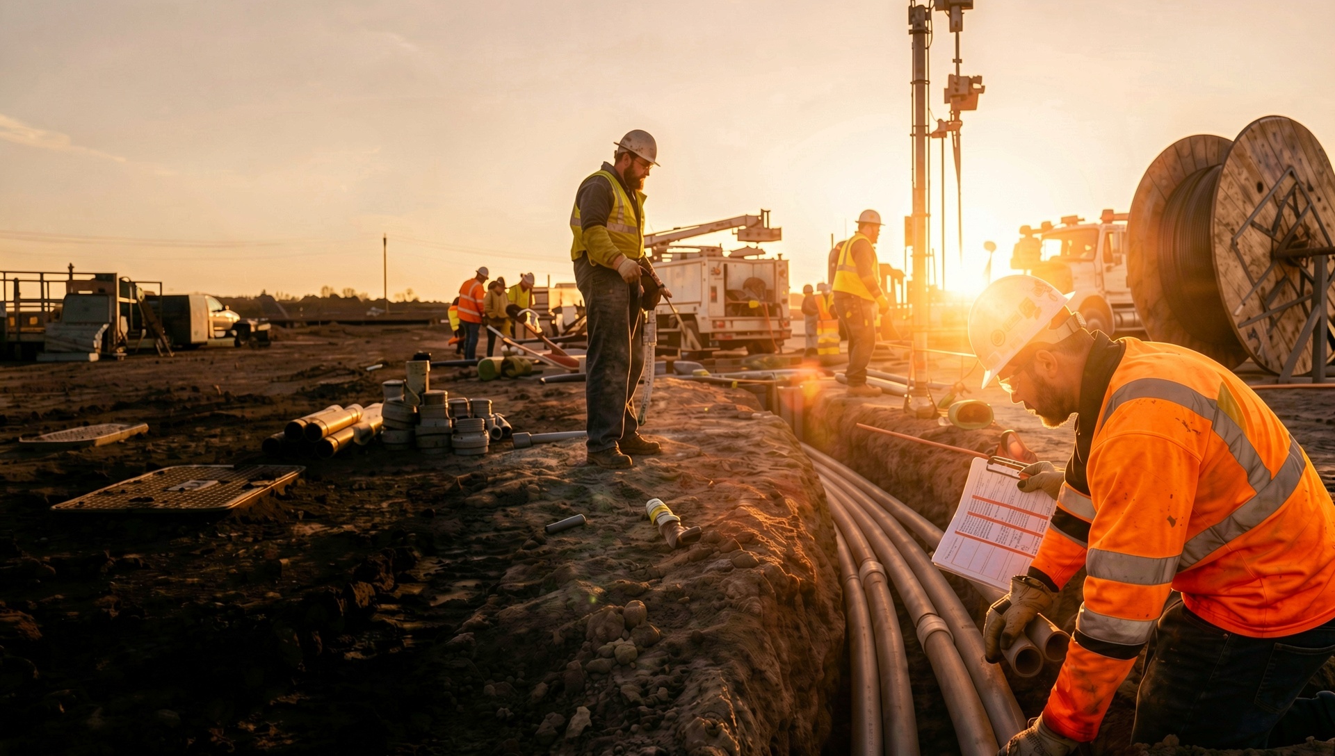 Telecom and utility construction crew preparing for field work at sunrise