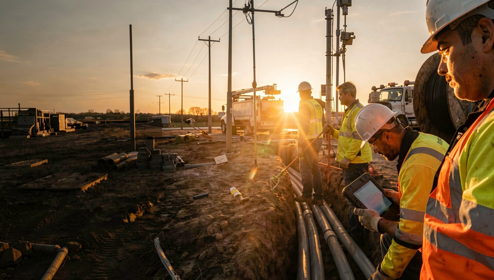 Telecom construction crew planning the next stage of an active fiber build