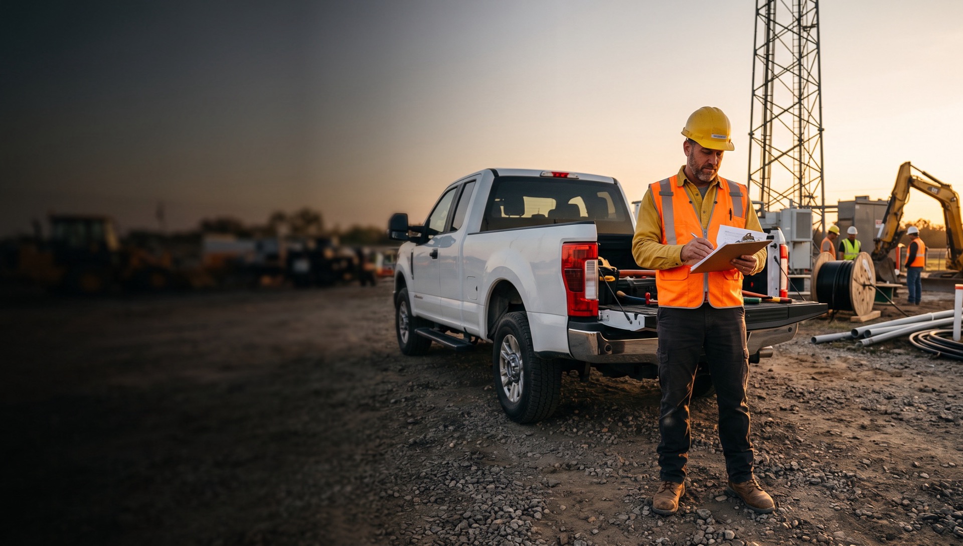 A telecom field supervisor reviewing project plans beside a service truck